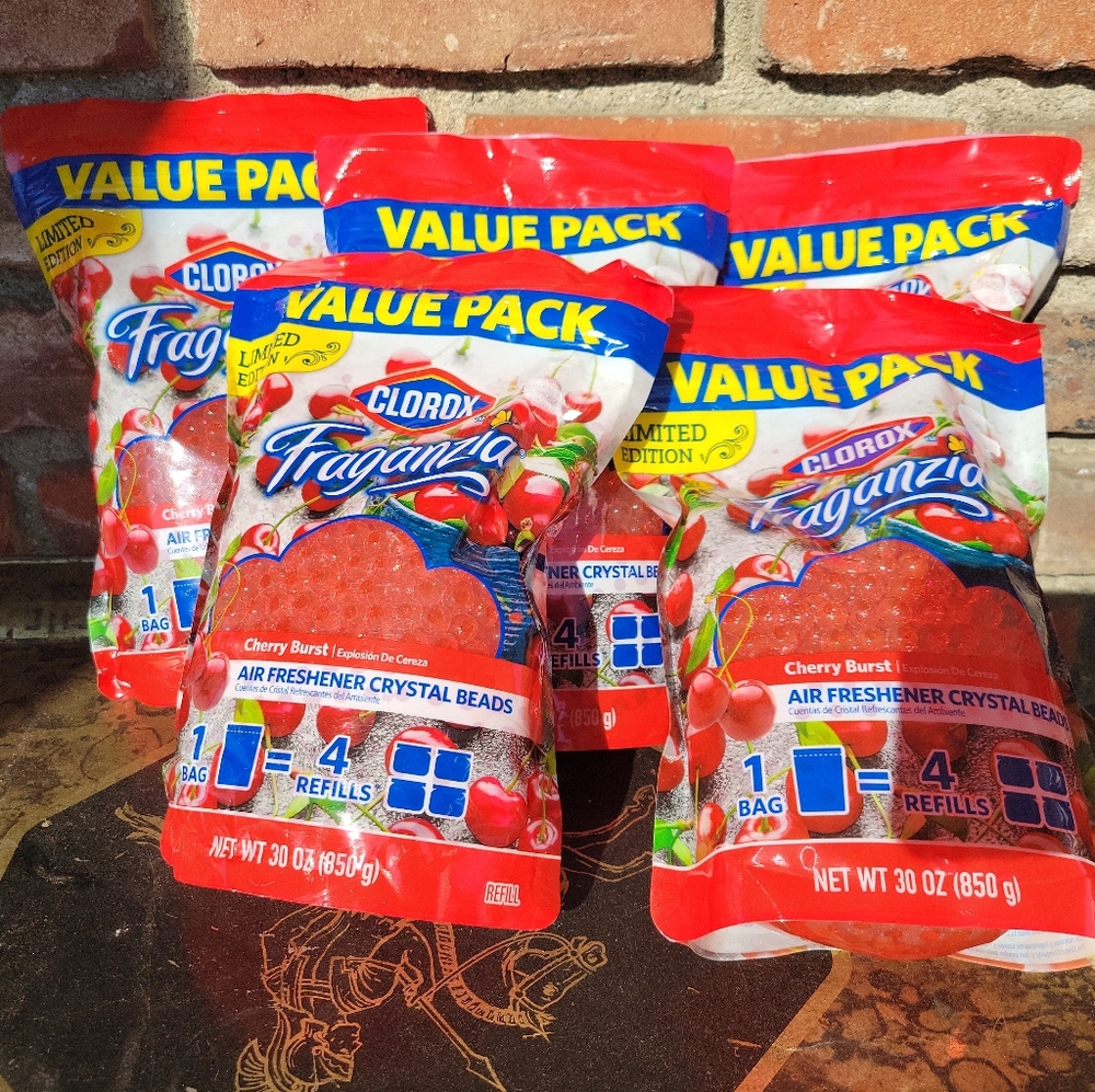 5 Clorox 30oz Bag Fraganzia Limited Edition Cherry Burst Air Freshener Beads.